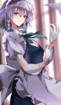  1girl adjusting_clothes adjusting_gloves apron blue_eyes blurry blurry_background bow braid closed_mouth eyebrows_visible_through_hair gloves green_bow grey_hair hair_bow highres indoors izayoi_sakuya krs_(kqrqsi) looking_at_viewer maid maid_headdress puffy_short_sleeves puffy_sleeves short_hair short_sleeves side_braids solo standing touhou twin_braids waist_apron white_apron white_gloves 