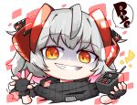  1girl arknights chibi clenched_teeth commentary dark detonator english_text eyebrows_visible_through_hair fingerless_gloves gloves grey_hair hair_between_eyes hair_ornament holding horns kado_(hametunoasioto) looking_at_viewer multicolored_eyes multicolored_hair red_eyes redhead sharp_teeth solo speech_bubble teeth two-tone_hair upper_body w_(arknights) 