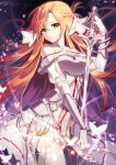  1girl absurdres armor asuna_(sao) asuna_(stacia) braid breasts brown_eyes brown_hair dress eile_(esspril) french_braid gloves highres holding holding_sword holding_weapon long_hair looking_at_viewer rapier smile solo sword sword_art_online sword_art_online:_alicization thigh-highs very_long_hair weapon white_dress white_gloves white_legwear 