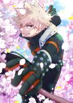  1boy bakugou_katsuki blonde_hair boku_no_hero_academia branch cherry_blossoms day explosive flower foreshortening gloves green_gloves grenade highres holding holding_branch looking_at_viewer male_focus motion_blur petals pink_flower red_eyes skirt solo spiky_hair symbol-only_commentary takehara 