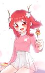  1girl branch breasts ddorong eyebrows_visible_through_hair flower food food_art hair_behind_ear hair_flower hair_ornament highres holding holding_stick kkochpin korean_commentary looking_at_viewer medium_breasts medium_hair original petals pink_sweater red_eyes redhead skirt smile solo stick sweater tako-san_wiener white_background white_skirt 