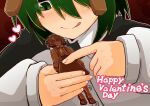  1girl antennae bangs black_cape blush buttons cape chocolate closed_mouth collared_shirt commentary_request flat_chest green_eyes green_hair hair_between_eyes happy_valentine heart highres kazami_yuuka kide_koushin licking_lips long_sleeves looking_down shirt short_hair smile solo tongue tongue_out touhou upper_body white_shirt wriggle_nightbug 