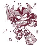  chibi daijuujin english_commentary greyscale hendoranto holding holding_sword holding_weapon horns kyouryuu_sentai_zyuranger looking_at_viewer mecha megazord mighty_morphin_power_rangers monochrome no_humans open_hand power_rangers rock science_fiction solo super_robot super_sentai sword tokusatsu weapon white_background 