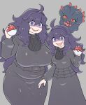  2girls @_@ age_difference ahoge alternate_breast_size black_nails breasts dual_persona grey_background hex_maniac_(pokemon) large_breasts long_hair long_skirt medium_breasts messy_hair misdreavus mother_and_daughter multiple_girls nail_polish plump poke_ball pokemon pokemon_(creature) pokemon_(game) purple_hair shaded_face simple_background skirt smile translation_request turtleneck violet_eyes yoshino_norihito younger 