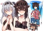  2girls bikini black_bikini black_headband blue_shorts brown_hair closed_eyes fishing fishing_hook fishing_line fishing_rod hachimaki hair_flaps hatsuzuki_(kancolle) hawaiian_shirt headband holding holding_fishing_rod kantai_collection long_hair miyasaka_miyabi multiple_girls one_side_up red_shirt shirt short_hair shorts silver_hair suzutsuki_(kancolle) swimsuit yellow_eyes 