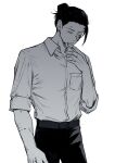  1boy bangs belt black_hair blood blood_on_clothes blood_on_face blood_on_hands closed_eyes earrings getou_suguru greyscale hand_on_own_face highres jewelry jujutsu_kaisen looking_down male_focus monochrome nino_(nino84391425) shirt solo standing white_shirt 