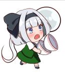  1girl accident bangs black_footwear black_hairband black_ribbon blue_eyes blunt_bangs blush chibi full_body green_skirt hair_ribbon hairband konpaku_youmu konpaku_youmu_(ghost) looking_at_viewer open_mouth ribbon running shiranui_(wasuresateraito) shirt short_hair short_sleeves silver_hair simple_background skirt skirt_set socks solo standing touhou vest white_background white_shirt 