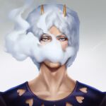  1boy artist_name blue_eyes blue_shirt clouds fur_hat hat horns jojo_no_kimyou_na_bouken rakavka shirt solo stone_ocean weather_report white_background white_hair 