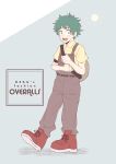  1boy absurdres bag blue_background blush boku_no_hero_academia brown_legwear brown_overalls collared_shirt english_text eyebrows_visible_through_hair freckles highres holding_strap looking_at_viewer male_focus midoriya_izuku multicolored_background open_mouth overalls raised_eyebrows rapiko red_footwear shirt shoes simple_background smile sun_symbol white_background yellow_shirt younger 