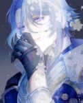 1boy blue_eyes blue_hair flower genshin_impact gloves japanese_clothes kamisato_ayato long_hair male_focus smile solo syuka_af 