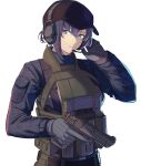  1girl 3_small_spiders absurdres armor bangs blue_eyes breasts brown_headwear camouflage camouflage_jacket character_request closed_mouth commentary eyebrows_visible_through_hair gloves grey_gloves gun hand_on_headset handgun headphones headset highres holding holding_gun holding_weapon jacket looking_at_viewer microphone mole mole_under_eye original pistol purple_hair short_hair solo upper_body weapon white_background 