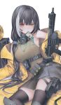  1girl bangs black_gloves black_hair black_skirt breasts dmith english_commentary feet_out_of_frame girls_frontline gloves gun heterochromia highres holding holding_gun holding_weapon id_card in_mouth jacket knee_pads lanyard long_hair looking_at_viewer lying mask mask_around_neck mod3_(girls&#039;_frontline) multicolored_hair open_clothes open_jacket pleated_skirt red_eyes ro635 ro635_(girls&#039;_frontline) skirt solo streaked_hair weapon white_background white_hair yellow_eyes yellow_jacket 
