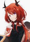  1girl absurdres arknights black_choker black_shirt chair choker commentary cup demon_horns disposable_cup drinking_straw gupipy highres holding holding_cup horns long_hair looking_at_viewer redhead shirt simple_background sitting solo surtr_(arknights) violet_eyes white_background 