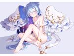  1girl absurdres armlet bangs bare_arms bare_shoulders black_hair blue_eyes blue_hair blush bracelet breasts colored_inner_hair dress eyebrows_visible_through_hair feet full_body hair_between_eyes hair_ornament heterochromia highres jewelry knee_up long_hair looking_at_viewer multicolored_hair nail_polish original purple_nails red_eyes sitting small_breasts solo star_(symbol) star_hair_ornament toe_ring toes very_long_hair violet_eyes white_dress yume_(454565427) 