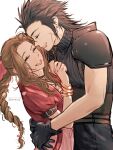  1boy 1girl aerith_gainsborough armor black_gloves black_hair bracelet braid braided_ponytail brown_hair dress earrings final_fantasy final_fantasy_vii final_fantasy_vii_remake gloves hair_ribbon happy highres hug jacket jewelry long_hair maiii_(smaii_i) pink_dress red_jacket ribbon scar shoulder_armor smile spiky_hair zack_fair 