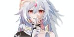  1girl black_hair blood blood_on_face chinese_clothes fu_hua fu_hua_(herrscher_of_sentience) fukazzi_2nd grin hair_ornament honkai_(series) honkai_impact_3rd index_finger_raised long_hair open_mouth red_eyes simple_background smile solo teeth white_background 