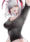  1girl :d antennae arknights arm_up bangs black_shirt breasts commentary_request crop_top eyebrows_visible_through_hair highres horns large_breasts looking_at_viewer midriff navel official_alternate_costume open_mouth shirt short_hair short_sleeves silver_hair smile solo tarutaru_yamaoka upper_body w_(arknights) w_(fugue)_(arknights) yellow_eyes 