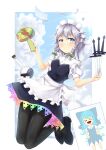  1girl absurdres black_footwear black_legwear blue_dress border bow card cirno clouds cloudy_sky commentary_request dress flask green_bow grey_hair highres izayoi_sakuya knife maid maid_headdress miracle_mallet pantyhose round-bottom_flask silver_hair sky touhou twintails unconnected_marketeers white_border 
