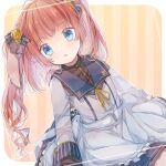  1girl :o bangs blue_eyes blush child clothing_request commentary_request eyebrows_visible_through_hair flower frilled_skirt frills hair_flower hair_ornament hair_ribbon highres long_hair orange_hair original ribbon sidelocks skirt sleeve_cuffs solo teacup_(chawan) twintails 