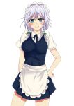  1girl apron blue_dress blue_eyes blue_ribbon breasts closed_mouth collared_shirt commentary_request cowboy_shot dress frilled_apron frills grey_hair hand_on_hip happy highres izayoi_sakuya looking_at_viewer maid maid_apron medium_breasts medium_hair puffy_short_sleeves puffy_sleeves ribbon shirt short_sleeves simple_background smile touhou vankin waist_apron white_apron white_background white_shirt 