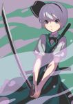  1girl bangs black_bow black_bowtie black_hairband black_ribbon blue_eyes bow bowtie collared_shirt cowboy_shot green_background green_skirt green_vest hair_ribbon hairband highres holding holding_sword holding_weapon kamabokopic katana konpaku_youmu konpaku_youmu_(ghost) one-hour_drawing_challenge ribbon shirt short_hair skirt solo sword touhou two-handed vest weapon white_shirt 