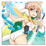  1girl ahoge artoria_pendragon_(fate) artoria_pendragon_(swimsuit_archer)_(fate) ass bangs blonde_hair braid breasts cape crown excalibur_(fate/stay_night) fate/grand_order fate_(series) french_braid fur-trimmed_cape fur_trim green_cape green_eyes hair_bun highleg highleg_swimsuit highres long_hair looking_at_viewer medium_breasts one-piece_swimsuit open_mouth shunichi sidelocks smile solo swimsuit sword thighs water water_gun weapon white_swimsuit 