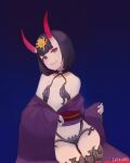  1girl absurdres artist_name bare_shoulders black_underwear blue_background breasts contrapposto cowboy_shot fate/grand_order fate_(series) hair_ornament highres horns japanese_clothes jueri kimono navel obi oni oni_horns purple_hair revealing_clothes sash short_hair shuten_douji_(fate) small_breasts smile thick_eyebrows underwear violet_eyes wide_sleeves 