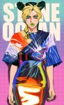  1girl alternate_costume blonde_hair braid braided_ponytail brooch cowboy_shot double_bun green_eyes green_hair green_lips green_nails hair_cones halter_top halterneck highres jewelry jjba_kk jojo_no_kimyou_na_bouken kujo_jolyne lipstick looking_at_viewer makeup midriff multicolored_hair solo stone_ocean two-tone_hair 