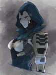  1girl absurdres android apex_legends ash_(titanfall_2) black_sclera colored_sclera cropped_torso expressionless glowing glowing_eyes highres hood hood_up lenasy looking_to_the_side orange_eyes science_fiction simulacrum_(titanfall) solo upper_body 