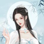  1girl black_hair breasts bug butterfly dress earrings expressionless facial_mark forehead_mark hair_ornament jewelry large_breasts long_hair lu_xueqi_(zhu_xian) moon necklace tang_hua_hanxiao_xiang_suit white_dress zhu_xian 