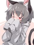  1girl alternate_costume animal_ear_fluff animal_ears bangs blush commentary_request eyebrows_visible_through_hair grey_hair grey_sweater highres looking_afar mouse_ears mouse_girl mouse_tail nazrin one_eye_closed red_eyes short_hair sleeves_past_fingers sleeves_past_wrists solo sweater tail touhou upper_body yayuyoyayuyo 