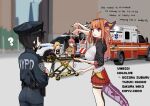  2girls :&lt; ? ahoge ambulance baton_(weapon) belt black_legwear breasts building car cardigan city confused dongdong_(0206qwerty) dragon_girl dragon_horns dragon_tail english_text full_body gradient_hair ground_vehicle hat highres hololive holster horns kiryu_coco large_breasts medic misunderstanding motor_vehicle multicolored_hair multiple_girls new_york new_york_city_fire_department new_york_city_police_department orange_hair paramedic pink_hair police police_car police_hat police_uniform policewoman sakura_miko shoes skyscraper standing stretcher sweat sweatdrop tail talking tears thigh-highs uniform upper_body weapon yellow_cardigan 