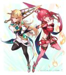  2girls absurdres ankle_boots bangs black_legwear blonde_hair blush boots breasts closed_mouth commentary_request dress earrings elbow_gloves fingernails full_body gloves gold_trim highres holding holding_sword holding_weapon jewelry large_breasts leg_up long_hair looking_at_viewer multiple_girls mythra_(massive_melee)_(xenoblade) mythra_(xenoblade) open_mouth outstretched_arm pantyhose pyra_(xenoblade) red_eyes redhead shiny shiny_hair short_dress short_hair short_shorts shorts simple_background sleeveless smile super_smash_bros. sword taro_(peach_taro51) thigh-highs thigh_strap tiara weapon xenoblade_chronicles_(series) xenoblade_chronicles_2 yellow_eyes 