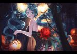  1girl aqua_eyes aqua_hair bangs bare_arms bare_shoulders black_dress blurry bokeh breasts commentary_request cowboy_shot curly_hair depth_of_field dress drill_hair eyebrows_visible_through_hair flower forehead forest halloween hatsune_miku highres holding lamp lamp_miku leehwa light_particles long_hair looking_back medium_breasts nature official_alternate_costume outdoors parted_bangs parted_lips rainbow_gradient sideboob solo sparkle strapless strapless_dress thigh-highs twin_drills twintails vocaloid zettai_ryouiki 