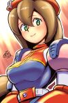  1girl android belt beret blush breasts brown_hair closed_mouth dress green_eyes hat iris_(mega_man) long_hair looking_at_viewer mega_man_(series) mega_man_x4 mega_man_x_(series) rog_rockbe simple_background smile solo 