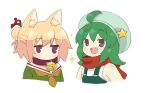  2girls :d ahoge animal_ear_fluff animal_ears bangs bell beret blonde_hair blue_headwear blush borrowed_character brown_collar character_request collar commentary_request cropped_torso eyebrows_visible_through_hair fox_ears ganc green_hair green_shirt hair_between_eyes hair_bun hair_ornament hat jingle_bell kemomimi-chan_(naga_u) multiple_girls neck_bell original overalls red_scarf sailor_collar scarf shirt simple_background sleeveless sleeveless_shirt smile sparkle star_(symbol) teeth thick_eyebrows upper_body upper_teeth violet_eyes white_background white_sailor_collar white_shirt 