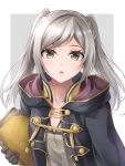  1girl book brown_eyes brown_gloves collarbone fire_emblem fire_emblem_awakening gloves holding holding_book long_hair looking_at_viewer open_mouth robe robin_(fire_emblem) robin_(fire_emblem)_(female) shirt silver_hair simple_background solo ten_(tenchan_man) twintails white_background 
