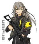  1girl armband bangs black_ribbon brown_hair character_name commentary_request expressionless girls_frontline green_jacket grey_hair gun h&amp;k_ump40 hair_between_eyes hair_ribbon jacket long_hair long_sleeves looking_at_viewer open_clothes open_jacket parted_lips ribbon simple_background ump40_(girls&#039;_frontline) upper_body walkie-talkie weapon white_background xlplace yellow_eyes 