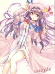  1girl breasts commentary_request crescent crescent_hat_ornament dress ennpitu888 hat hat_ornament highres long_dress long_hair lying medium_breasts mob_cap on_back painting_(medium) pajamas patchouli_knowledge purple_hair sample_watermark striped striped_dress touhou traditional_media vertical-striped_dress vertical_stripes very_long_hair violet_eyes watercolor_(medium) 