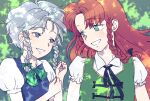  2girls blue_bow blue_eyes bow braid chinese_clothes collared_shirt grass green_bow green_eyes green_vest grin hair_bow hong_meiling izayoi_sakuya long_hair lying multiple_girls no_hat no_headwear on_back on_side puffy_short_sleeves puffy_sleeves shirt short_hair_with_long_locks short_sleeves sibata_maru side_braid smile touhou twintails vest white_shirt 