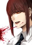  1girl bangs black_necktie blood chainsaw_man collared_shirt formal highres hoshi_san_3 long_hair makima_(chainsaw_man) necktie office_lady open_mouth redhead ringed_eyes shirt simple_background solo suit white_background white_shirt yellow_eyes 