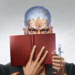  1boy artist_name book book_on_head cross dark_skin enrico_pucci jojo_no_kimyou_na_bouken looking_at_viewer male_focus object_on_head rakavka solo white_background white_hair 