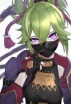  1girl absurdres arc_pic fingerless_gloves genshin_impact gloves green_hair hair_ornament highres hood hoodie kuki_shinobu mask mouth_mask ninja_mask open_clothes ponytail purple_hoodie simple_background solo violet_eyes white_background 