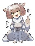  1girl beige_coat beige_shorts blush bunngaku_mayuge coat commentary_request elbow_gloves fingerless_gloves fur_collar fur_trim gloves highres horns kemono_friends looking_at_viewer multicolored_hair open_mouth pantyhose puffy_shorts sheep_(kemono_friends) sheep_girl sheep_horns sheep_tail short_hair short_sleeves shorts sitting solo tail translation_request white_fur white_gloves white_hair white_legwear 