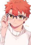  1boy bangs black-framed_eyewear blush commentary_request emiya_shirou eyebrows_visible_through_hair fate/hollow_ataraxia fate/stay_night fate_(series) glasses hair_between_eyes hand_up highres kamo_0707 light_blush light_smile long_sleeves looking_at_viewer male_focus orange_hair redhead short_hair simple_background solo sweater sweater_around_neck twitter_username upper_body white_background white_sweater yellow_eyes 