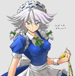  1girl apron bangs blue_dress blue_eyes bow braid breasts commentary_request dress grey_background grey_hair highres izayoi_sakuya maid maid_headdress medium_breasts pocket_watch puffy_short_sleeves puffy_sleeves saijou_k shirt short_sleeves simple_background touhou upper_body watch 