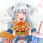  1girl :d bangs bloop_(gawr_gura) blue_eyes blunt_bangs blush burger chiseoyasumi cup disposable_cup eyebrows_visible_through_hair food french_fries gawr_gura highres hololive hololive_english one_eye_closed open_mouth redrawn sharp_teeth shrimp sidelocks silver_hair smile solo teeth twintails virtual_youtuber white_hair 
