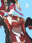  arrow_through_heart ascot breasts gold_trim haimura_kiyotaka hat heterochromia highres hololive houshou_marine large_breasts leotard leotard_under_clothes long_hair pirate pirate_hat red_ascot red_eyes redhead see-through_leotard twintails 