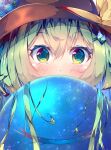  1girl bangs blue_eyes blue_flower blue_rose blush bow covered_mouth eyebrows_visible_through_hair face fant flower green_hair hair_between_eyes hair_ornament hat hat_bow highres komeiji_koishi long_hair looking_at_viewer rose solo third_eye touhou 