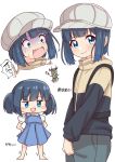  1girl :d @_@ absurdres ao_(flowerclasse) bangs barefoot black_hair black_jacket blue_dress blue_eyes blue_hair blush blush_stickers bug cabbie_hat child closed_mouth commentary_request dress eyebrows_visible_through_hair grey_headwear grey_pants hands_on_hips hat highres jacket minagi_hiyori multiple_views outdoors pants pleated_dress puffy_short_sleeves puffy_sleeves shirt short_sleeves simple_background sleeveless sleeveless_dress slow_loop smile sweat trembling turn_pale twintails wavy_hair white_background white_shirt wide-eyed 